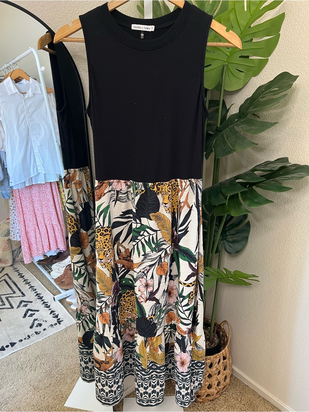 🖤 Tropical Leopard Mixed Media Midi Dress Sz S | Elevated Jungle Chic Dress